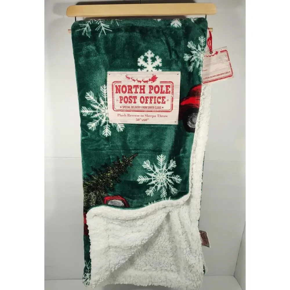North Pole Post Office Plush NEW Sherpa Throw 50X60 Red Farm Truck Pine Tree